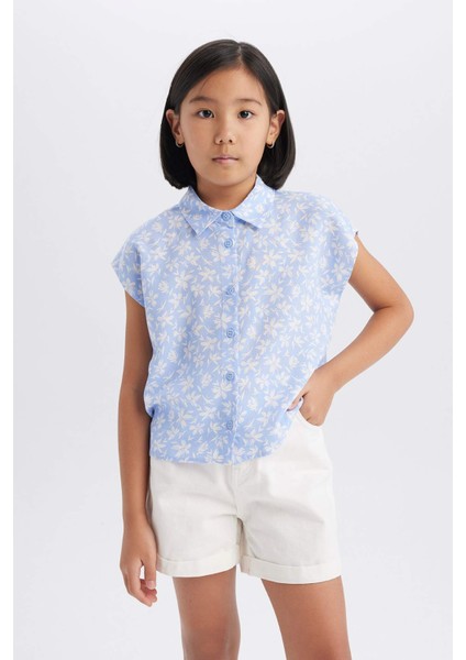 Kız Çocuk Crop Pamuklu Çiçekli Kısa Kollu Gömlek D7645A825SM