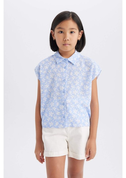 Kız Çocuk Crop Pamuklu Çiçekli Kısa Kollu Gömlek D7645A825SM