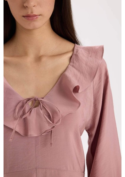 V Yaka Basic Düz Modal Uzun Kollu Siyah Mini Elbise E4213AX24WN