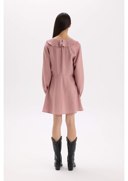 V Yaka Basic Düz Modal Uzun Kollu Siyah Mini Elbise E4213AX24WN