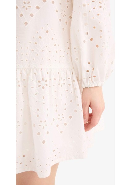 Apaş Yaka Brode Uzun Kollu Mini Plaj Elbisesi-Fall in Love D8734AX25SM