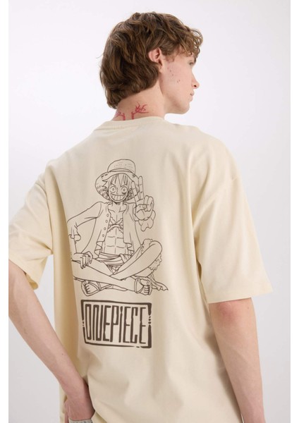 %100 Pamuk One Piece Oversize Geniş Kalıp Bisiklet Yaka Sırt Baskılı Kısa Kollu Tişört B8098AX25SP