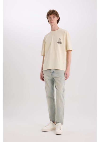 %100 Pamuk One Piece Oversize Geniş Kalıp Bisiklet Yaka Sırt Baskılı Kısa Kollu Tişört B8098AX25SP