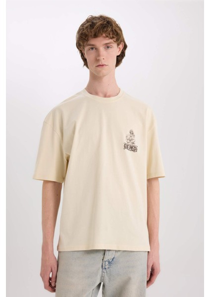 %100 Pamuk One Piece Oversize Geniş Kalıp Bisiklet Yaka Sırt Baskılı Kısa Kollu Tişört B8098AX25SP