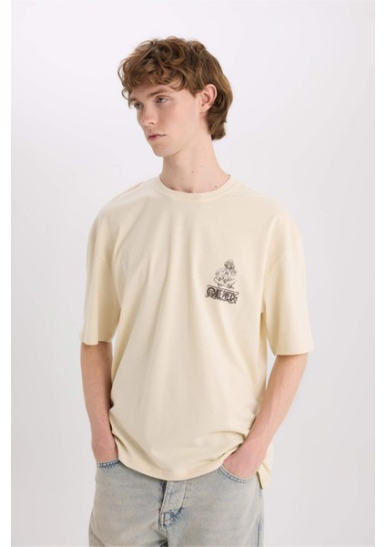 %100 Pamuk One Piece Oversize Geniş Kalıp Bisiklet Yaka Sırt Baskılı Kısa Kollu Tişört B8098AX25SP