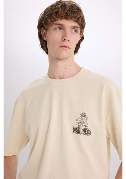 %100 Pamuk One Piece Oversize Geniş Kalıp Bisiklet Yaka Sırt Baskılı Kısa Kollu Tişört B8098AX25SP