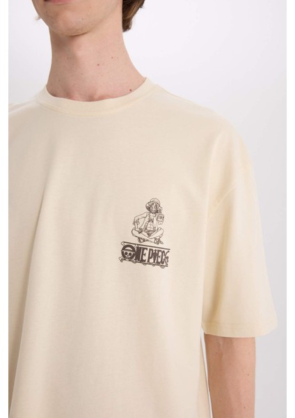 %100 Pamuk One Piece Oversize Geniş Kalıp Bisiklet Yaka Sırt Baskılı Kısa Kollu Tişört B8098AX25SP