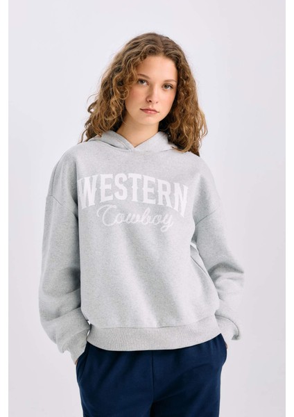 Oversize Geniş Kalıp Kapüşonlu Baskılı Kalın Sweatshirt E3658AXNS
