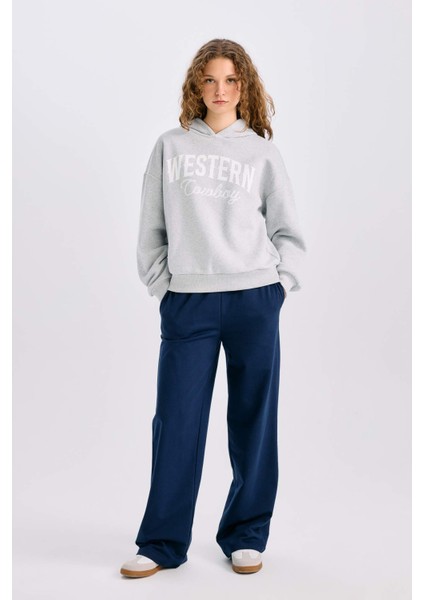 Oversize Geniş Kalıp Kapüşonlu Baskılı Kalın Sweatshirt E3658AXNS