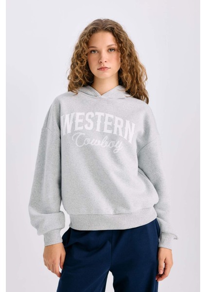 Oversize Geniş Kalıp Kapüşonlu Baskılı Kalın Sweatshirt E3658AXNS