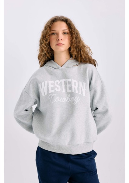 Oversize Geniş Kalıp Kapüşonlu Baskılı Kalın Sweatshirt E3658AXNS