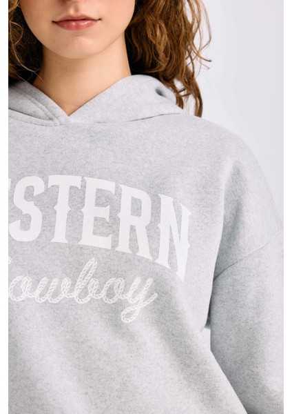 Oversize Geniş Kalıp Kapüşonlu Baskılı Kalın Sweatshirt E3658AXNS