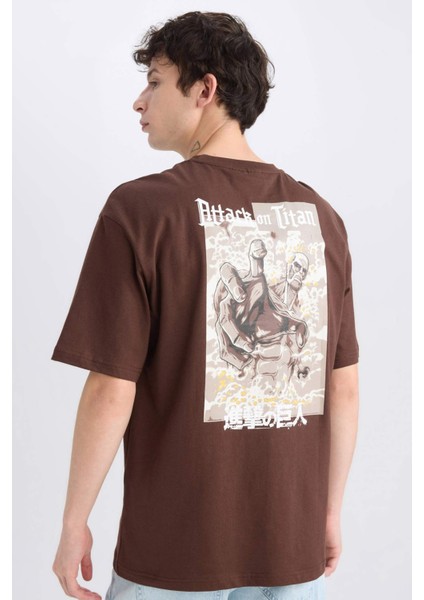 %100 Pamuk Attack on Titan Boxy Fit Bisiklet Yaka Sırt Baskılı Kısa Kollu Tişört D6778AX25SP