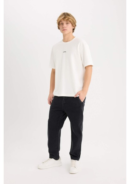 Boxy Fit Bisiklet Yaka Baskılı Kısa Kollu Tişört