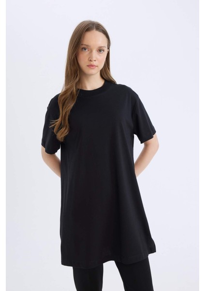 Regular Fit Bisiklet Yaka Basic Düz Kısa Kollu Tişört Tunik