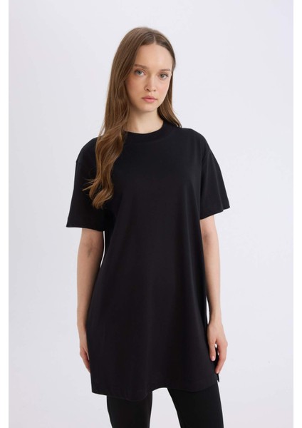 Regular Fit Bisiklet Yaka Basic Düz Kısa Kollu Tişört Tunik