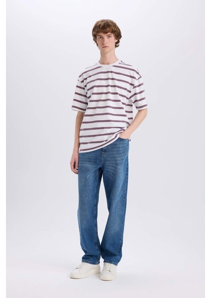 %100 Pamuk Boxy Fit Bisiklet Yaka Çizgili Kısa Kollu Tişört E1160AX25SM