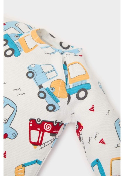 Erkek Bebek Yenidoğan Araç Baskılı Uzun Kollu Waffle Tulum