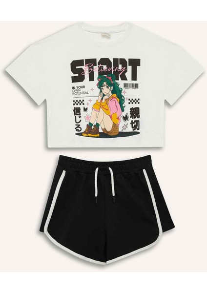 Kız Çocuk 2'li Takım Kısa Kollu Tişört Beli Lastikli Şort E3817A825SM