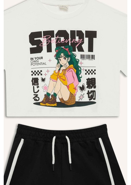 Kız Çocuk 2'li Takım Kısa Kollu Tişört Beli Lastikli Şort E3817A825SM