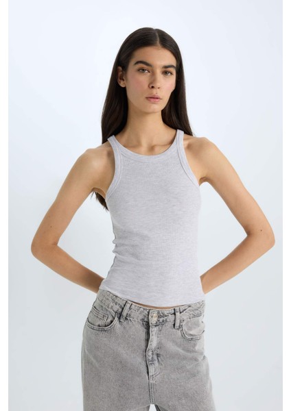 Slim Fit Dar Kesim Halter Yaka Basic Düz Fitilli Kaşkorse Atlet E2176AX25SP