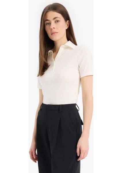 Slim Fit Dar Kesim Fitilli Kaşkorse Kısa Kollu Polo Beyaz Tişört