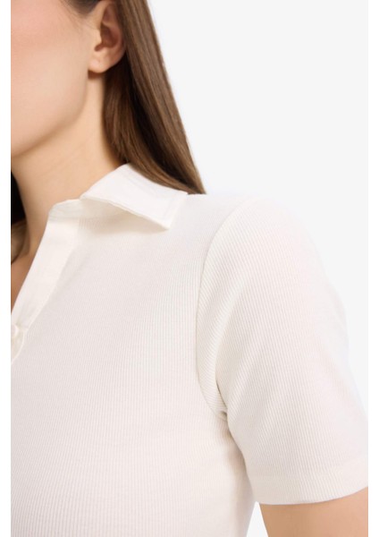 Slim Fit Dar Kesim Fitilli Kaşkorse Kısa Kollu Polo Beyaz Tişört