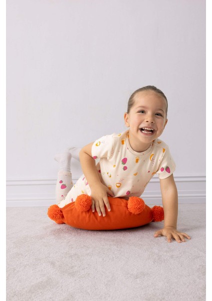 Kız Bebek Pijama Takımı Meyve Baskılı Fitilli Kaşkorse Kısa Kollu Üst Beli Lastikli Uzun Alt E1544A525SM