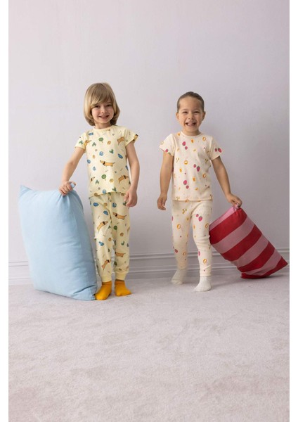 Kız Bebek Pijama Takımı Meyve Baskılı Fitilli Kaşkorse Kısa Kollu Üst Beli Lastikli Uzun Alt E1544A525SM