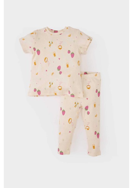 Kız Bebek Pijama Takımı Meyve Baskılı Fitilli Kaşkorse Kısa Kollu Üst Beli Lastikli Uzun Alt E1544A525SM