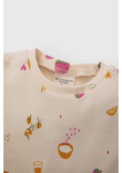 Kız Bebek Pijama Takımı Meyve Baskılı Fitilli Kaşkorse Kısa Kollu Üst Beli Lastikli Uzun Alt E1544A525SM