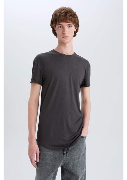 Long Muscle Fit Bisiklet Yaka Basic Düz Kısa Kollu Tişört N2104AZ25SP