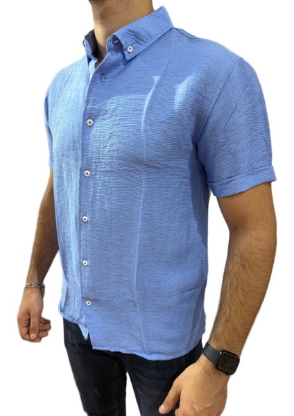 Erkek Mavi Dokulu Kısa Kollu Gömlek