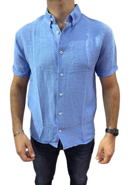 Erkek Mavi Dokulu Kısa Kollu Gömlek fiyatları