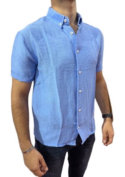 Erkek Mavi Dokulu Kısa Kollu Gömlek modelleri