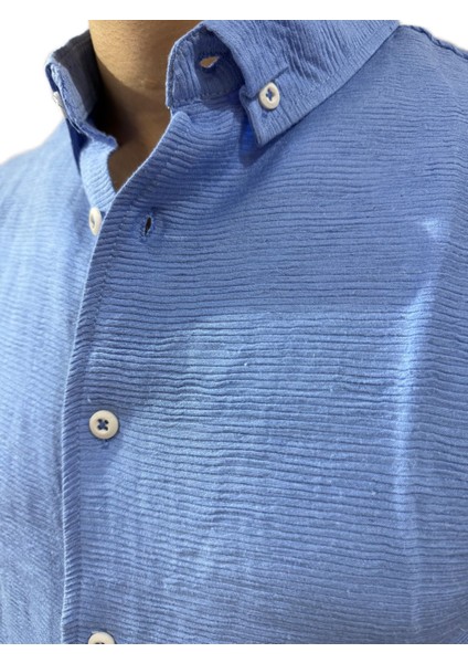 Erkek Mavi Dokulu Kısa Kollu Gömlek fırsatları