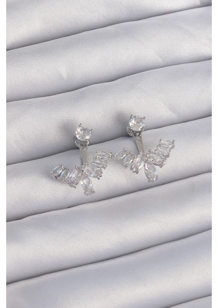 Pirinç Gümüş Renk Zirkon Taşlı V Model Küpe - Lisinya