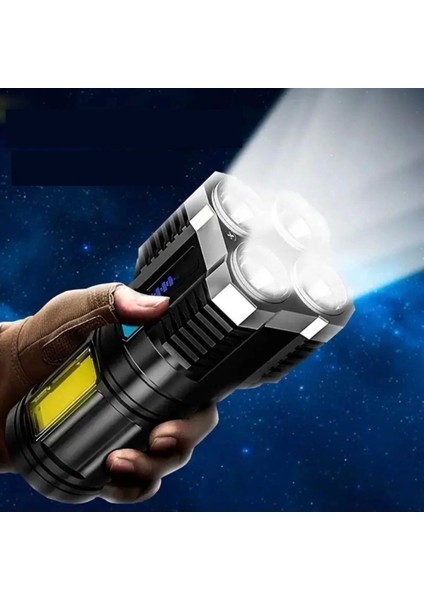 Ultra Parlak El Feneri USB Şarj 4 Led+Yan Cob LED Taktik Günlük Hayat Kamp Avcılık El Feneri ( Lisinya )