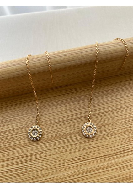 Çelik Altın Renk Zirkon Taşlı Zincir Detaylı Küpe