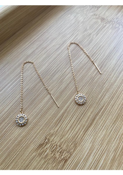 Çelik Altın Renk Zirkon Taşlı Zincir Detaylı Küpe fiyatları