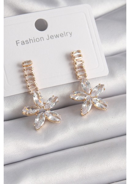 Pirinç Gold Renk Su Yolu Zirkon Taşlı Çiçek Model Kadın Küpe - Lisinya