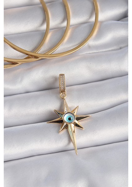 Pirinç Gold Renk Zirkon Taşlı Kutup Yıldızı Nazar Boncuk Detay Ajda Charm - Lisinya
