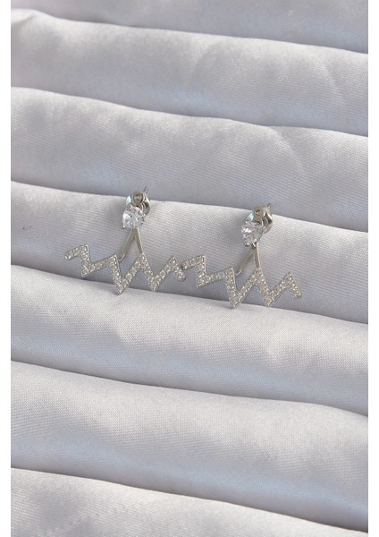 Pirinç Gümüş Renk Zirkon Taşlı Zikzak Küpe - Lisinya