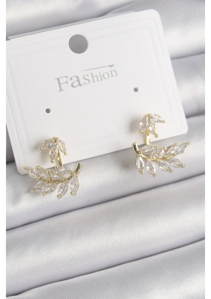 Pirinç Gold Renk Zirkon Taşlı Yaprak Model Kadın Küpe - Lisinya