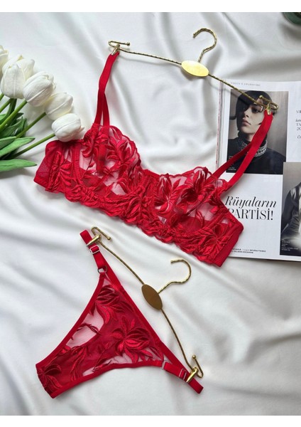 Yaprak Nakışlı Transparan Dantel Sütyen Takımı Desteksiz Balenli 75B-90B