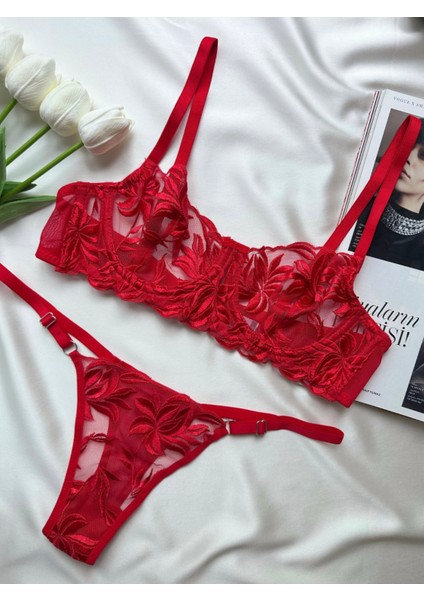 Yaprak Nakışlı Transparan Dantel Sütyen Takımı Desteksiz Balenli 75B-90B fiyatları