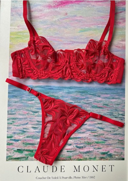 Yaprak Nakışlı Transparan Dantel Sütyen Takımı Desteksiz Balenli 75B-90B modelleri