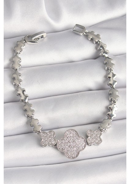 Pirinç Gümüş Renk Zirkon Taşlı Yonca Model Zincir Model Kadın Bileklik - Lisinya