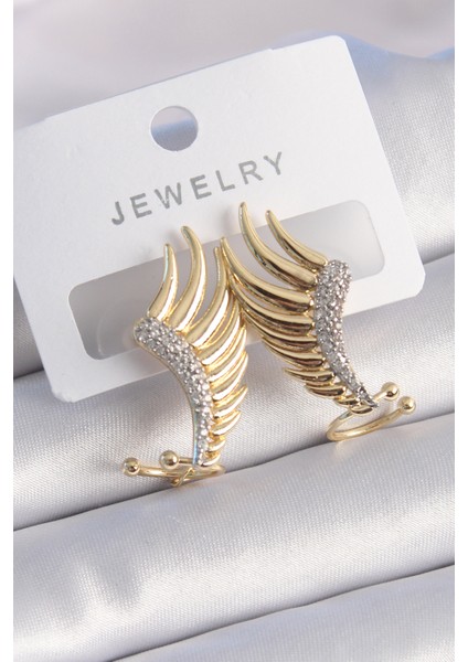 Pirinç Gold Renk Zirkon Taşlı Kanat Model Kadın Küpe - Lisinya
