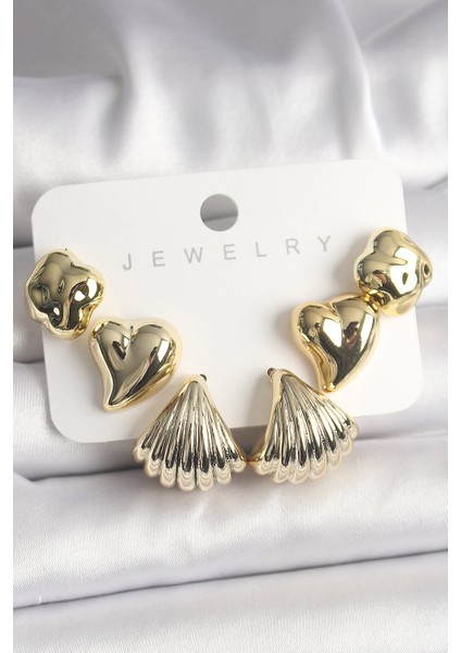 Gold Renk Yonca Kalp Deniz Kabuğu Figür Ccb Kadın Küpe Seti - Lisinya